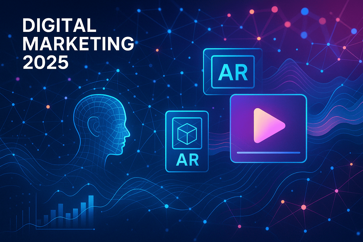 A dynamic and futuristic scene representing digital marketing in 2025 socially intrigued digital marketing agency
