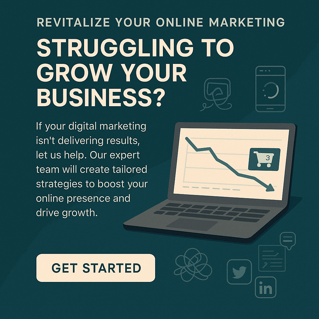 Frustrated business owner looking at stagnant online growth analytics on a laptop socially intrigued digital marketing agency 2025