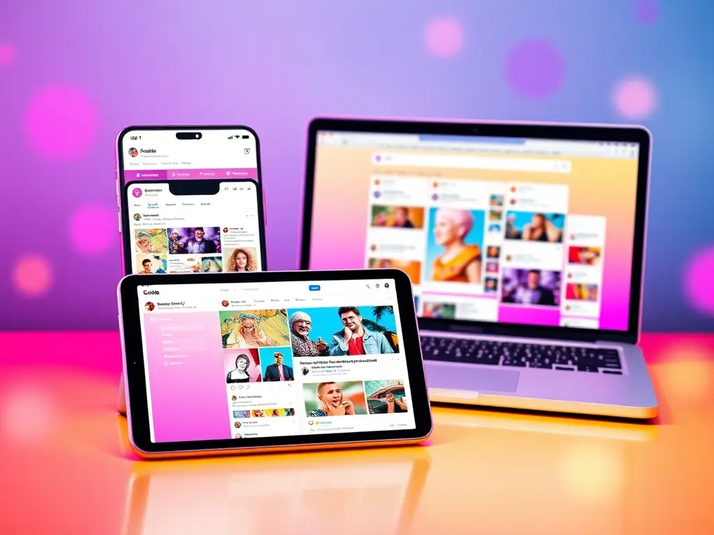 A vibrant image showcasing various social media platforms on different devices, highlighting engaging content, community interaction, and brand building strategies.
