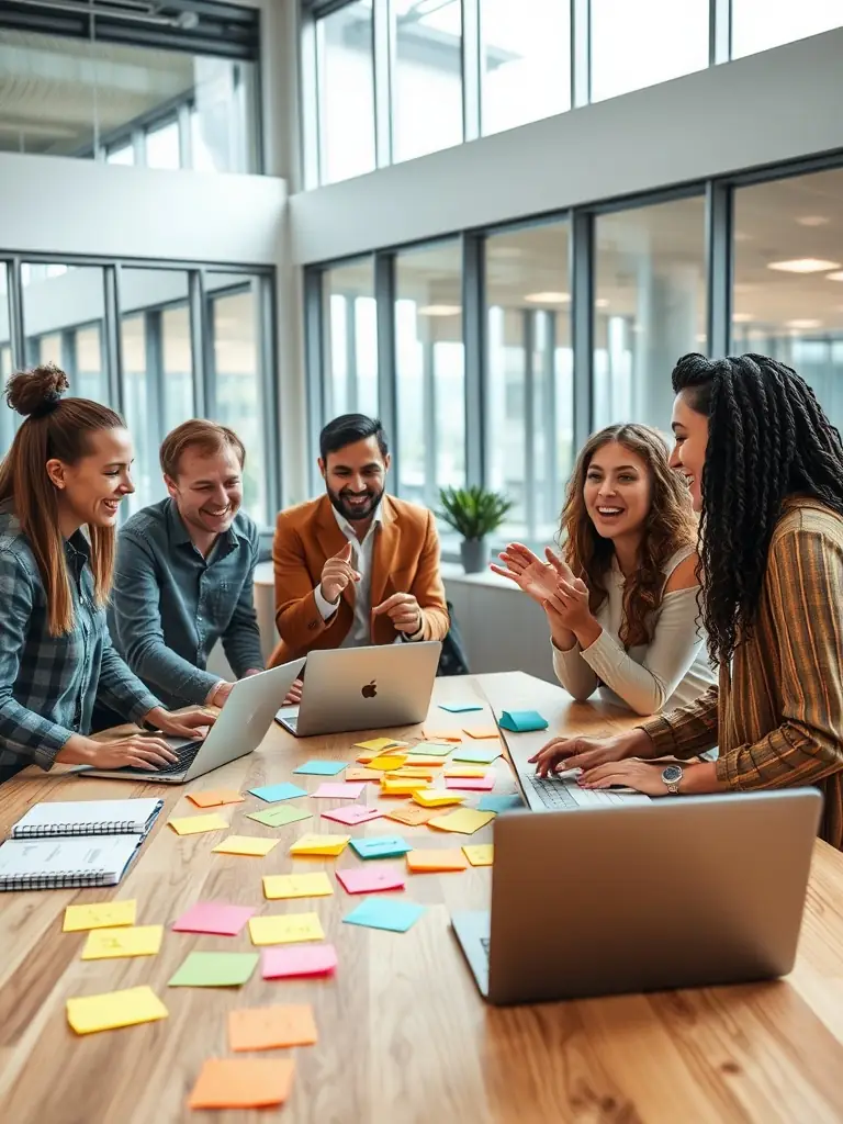A high-quality photo of a team brainstorming social media content ideas in a modern Los Angeles office, with laptops and creative tools visible.