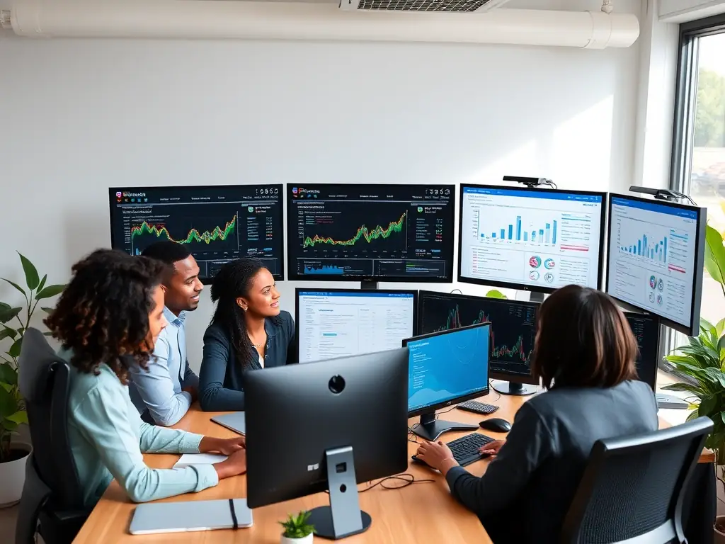 A professional workspace with a team collaborating on SEO strategies, analyzing data on multiple screens, and optimizing website content for higher search engine rankings.